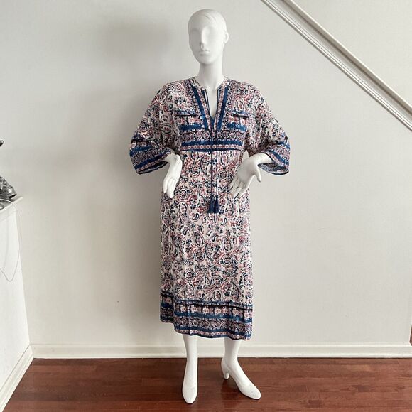 Miss Me Paisley Eylet Shift Midi Navy Multicolor Boho Tassel L - Picture 5 of 10